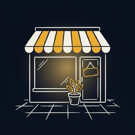 A corner shopfront with a striped awning