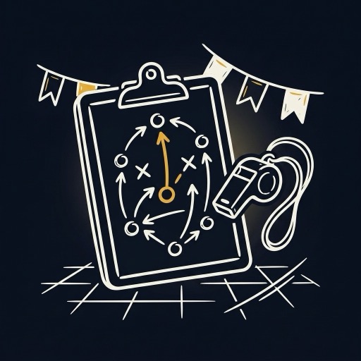 A clipboard with a play drawn on it, and a whistle